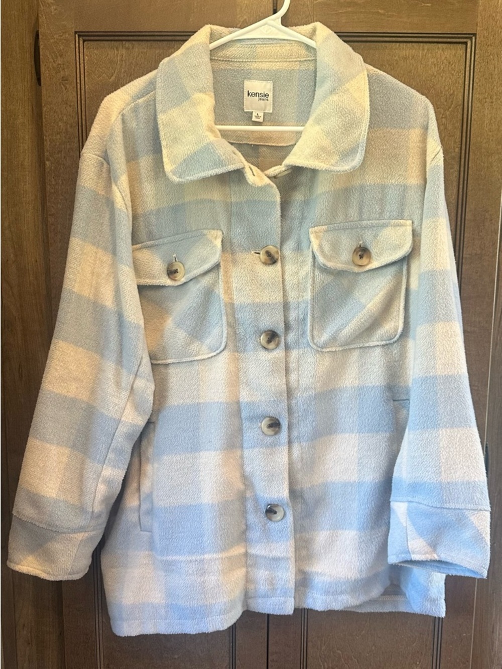 Kensie Women's Blue and Cream Striped Button Shacket Size L